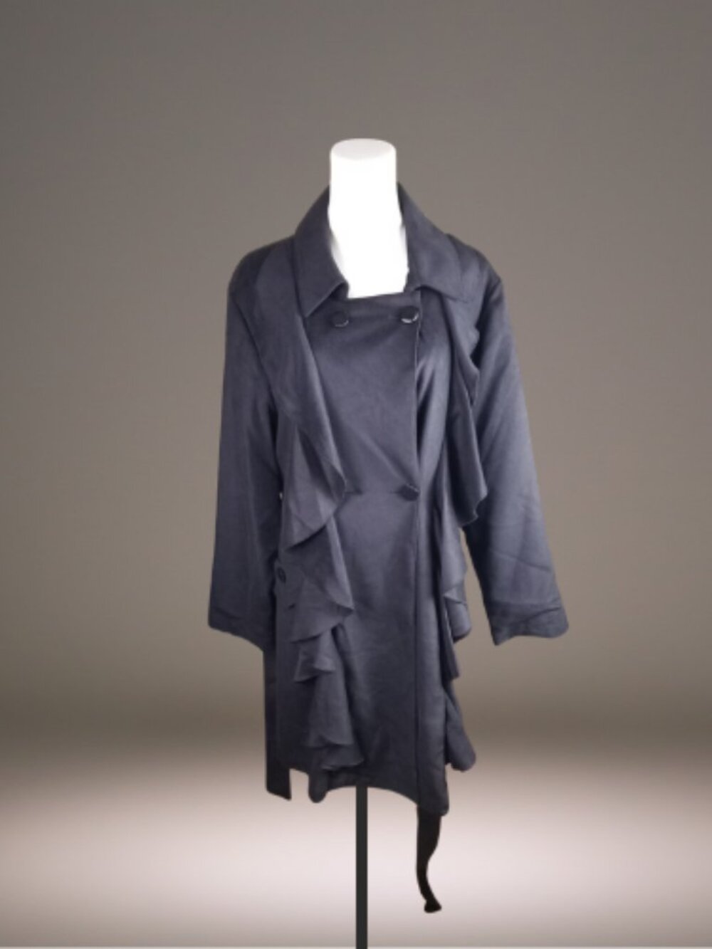 Samuel Dong Womens XL Black Ruffle Belted Trench Coat NWT $169
